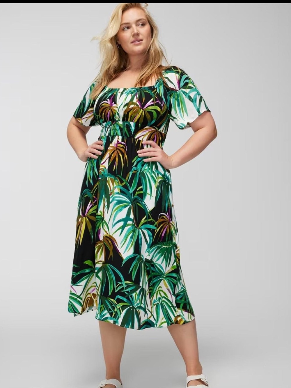 Soma Tropical Leaf Off-Shoulder Midi Dress - Green, Black, White
